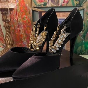 VINTAGE GENNY Black Satin High Heel Stiletto Shoe Diamond Rhinestone Ankle Wrap